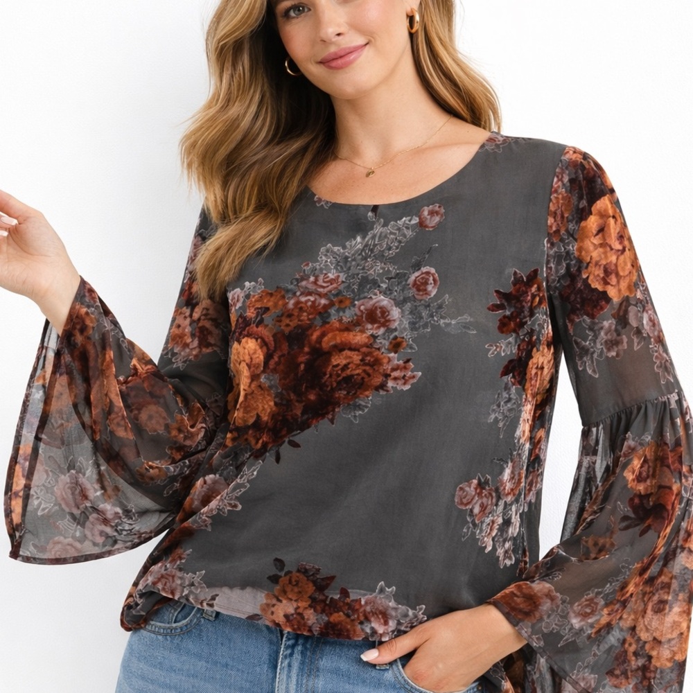 Gianni Bini burn out velvet bell sleeves Charcoal Blouse Rust Floral Print M